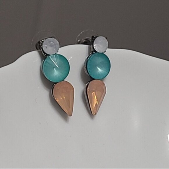 Vintage J Crew Turquoise Orange Crystal Drop Bar Colourblock Geometic Earrings - Picture 5 of 16